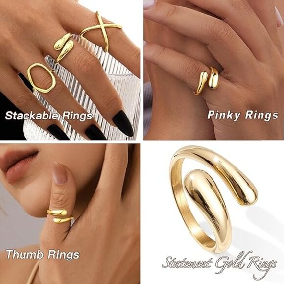 Non Tarnish Gold Chunky Rings Women, Gold Statement Dome Rings Stacking Silver - Picture 4 of 7